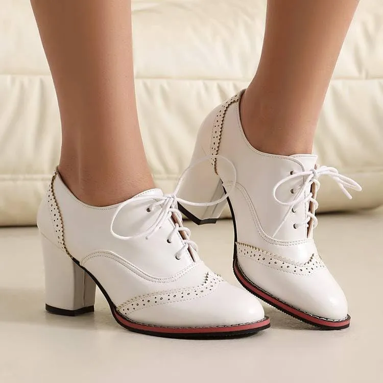 Women Lace Up Brogue Shoes Round Toe High Block Heels