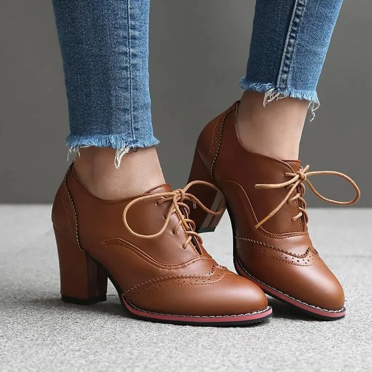 Women Lace Up Brogue Shoes Round Toe High Block Heels