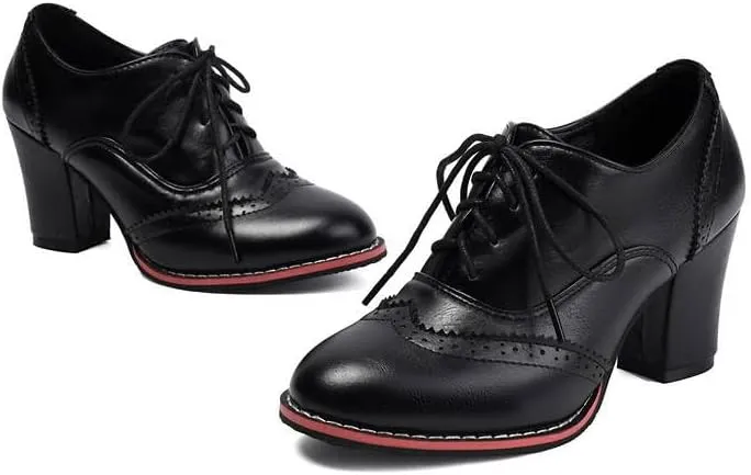 Women Lace Up Brogue Shoes Round Toe High Block Heels
