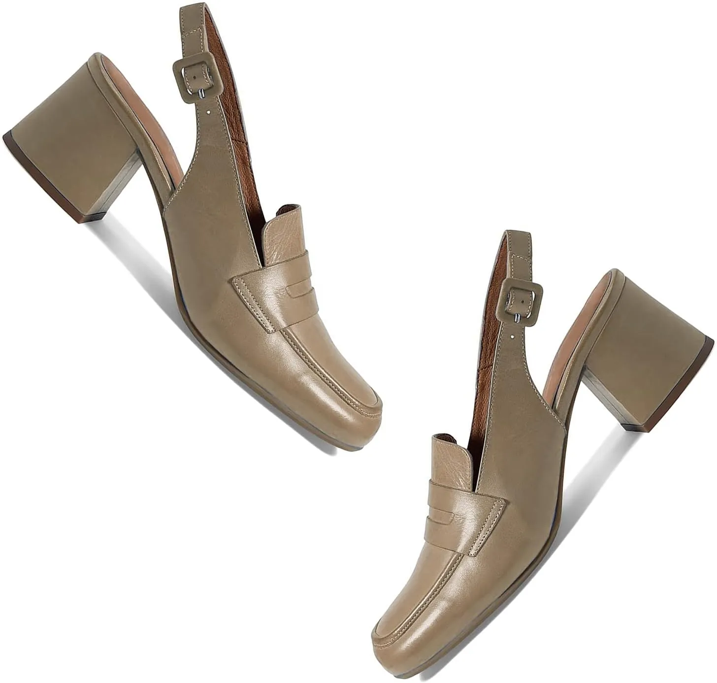 Women Slingback Loafers Chunky Heel Square Toe Dress Shoes Slingback 2 inch Mid Block Heel Penny Loafers Slingback Pumps Sandals Buckle Strap Dressy Office Casual Retro Matte 4-11 M US