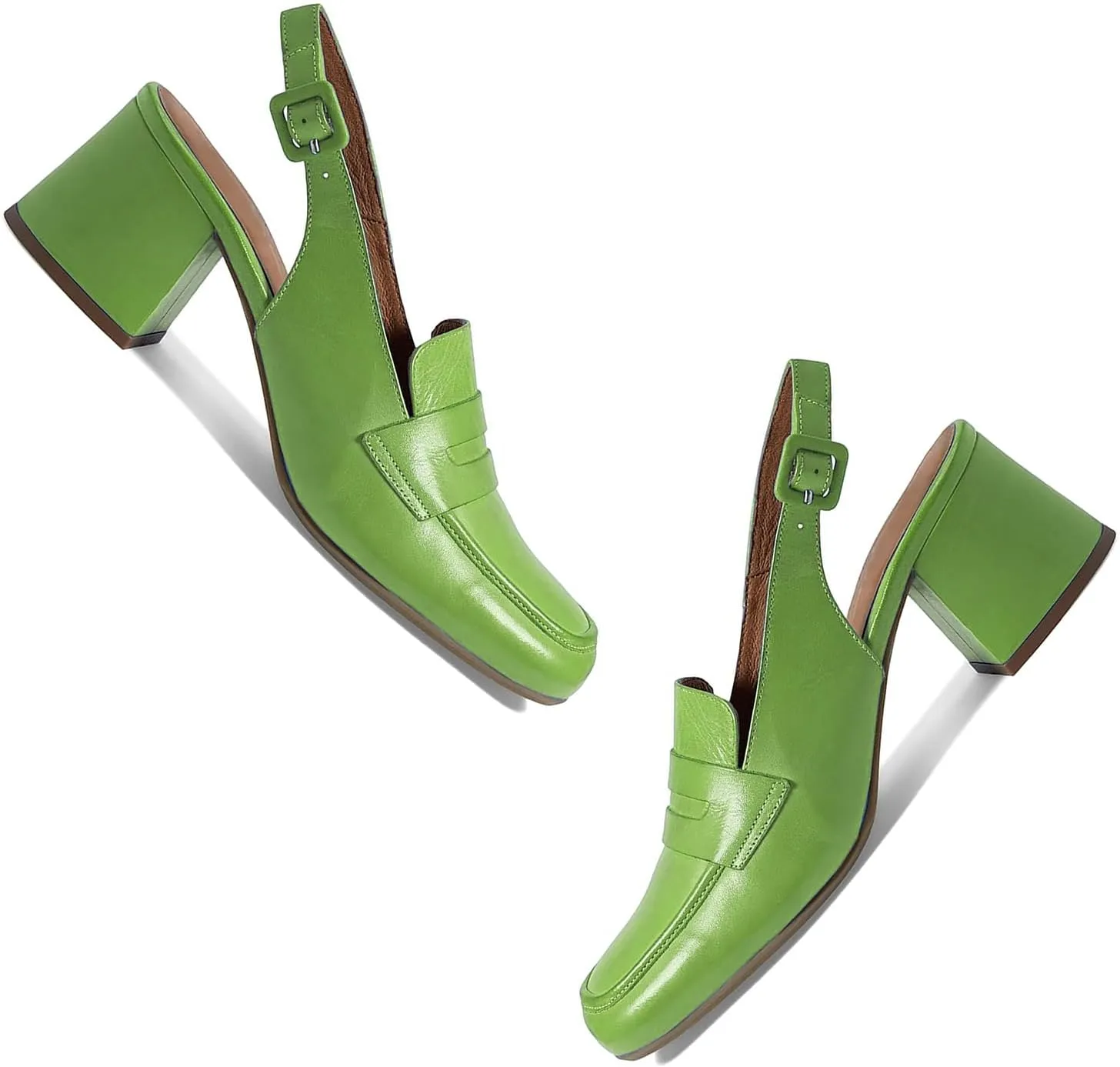Women Slingback Loafers Chunky Heel Square Toe Dress Shoes Slingback 2 inch Mid Block Heel Penny Loafers Slingback Pumps Sandals Buckle Strap Dressy Office Casual Retro Matte 4-11 M US
