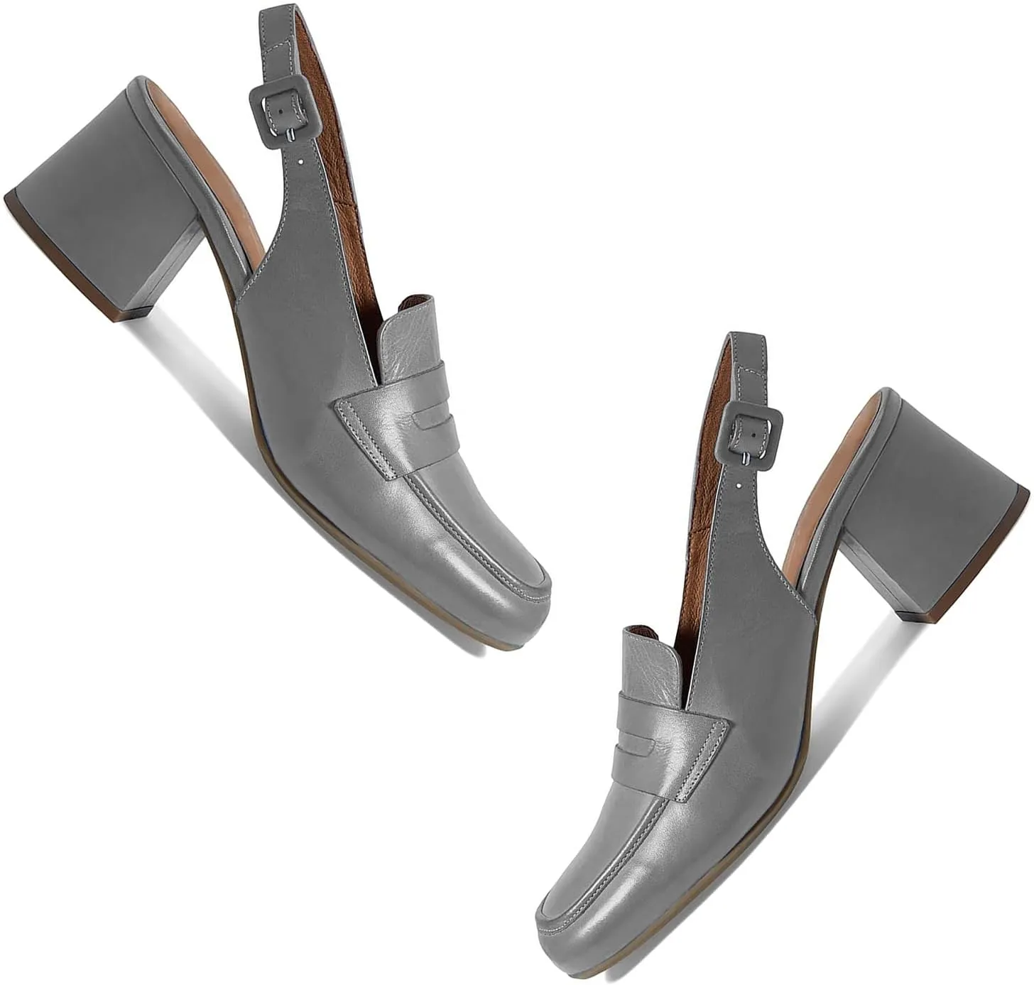 Women Slingback Loafers Chunky Heel Square Toe Dress Shoes Slingback 2 inch Mid Block Heel Penny Loafers Slingback Pumps Sandals Buckle Strap Dressy Office Casual Retro Matte 4-11 M US