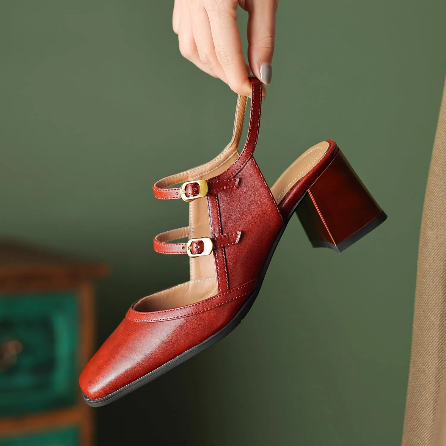 Women Slingback Mary Jane Pumps Square Closed Toe Ankle Strap Sandals Block Heels 2 inch Mid Thick Heel Sandal Dress Shoes Cut Out Buckle Double Strap Retro Elegant Matte 4-11 M US