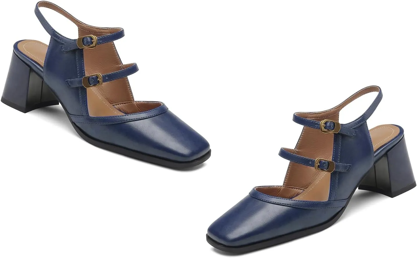 Women Slingback Mary Jane Pumps Square Closed Toe Ankle Strap Sandals Block Heels 2 inch Mid Thick Heel Sandal Dress Shoes Cut Out Buckle Double Strap Retro Elegant Matte 4-11 M US