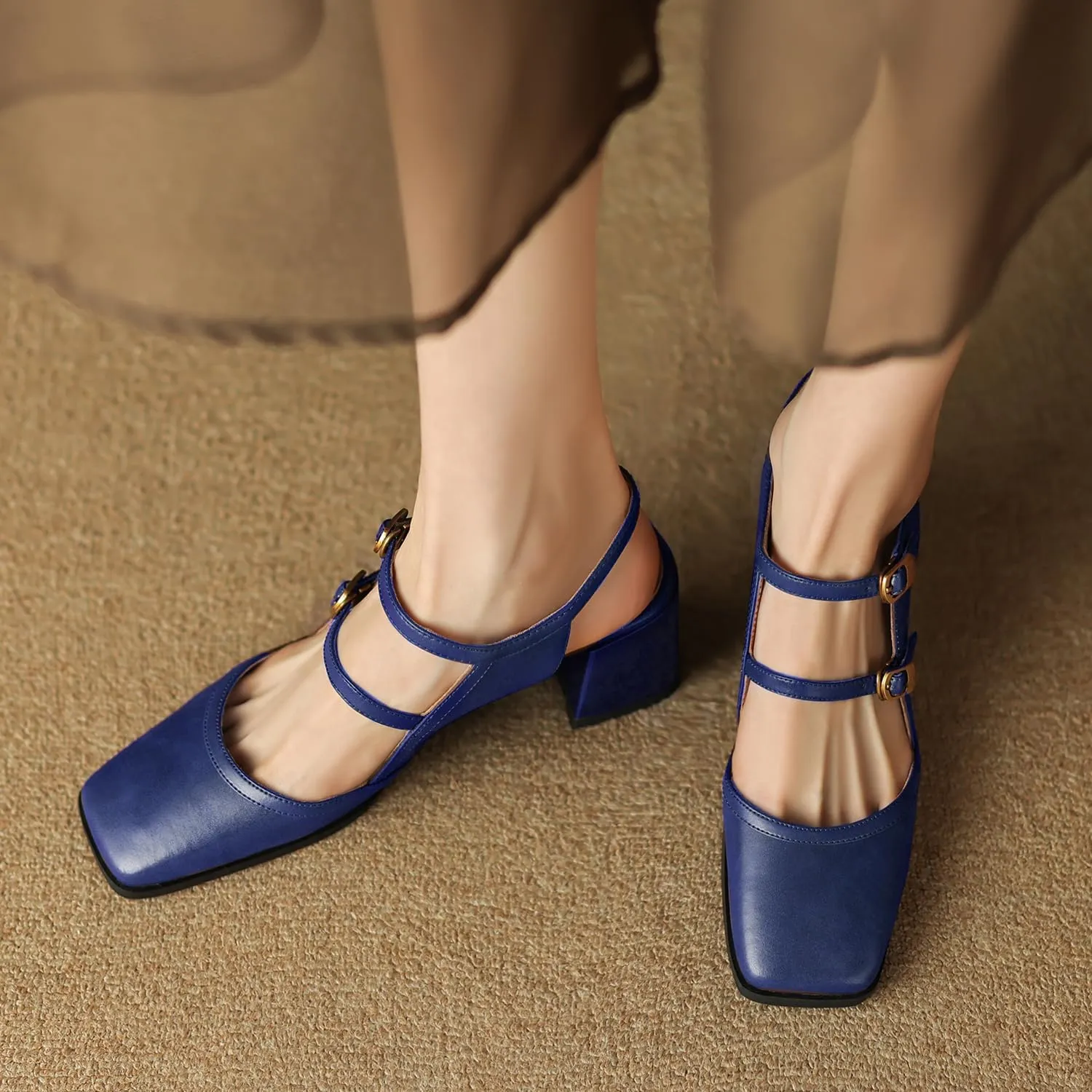 Women Slingback Mary Jane Pumps Square Closed Toe Ankle Strap Sandals Block Heels 2 inch Mid Thick Heel Sandal Dress Shoes Cut Out Buckle Double Strap Retro Elegant Matte 4-11 M US