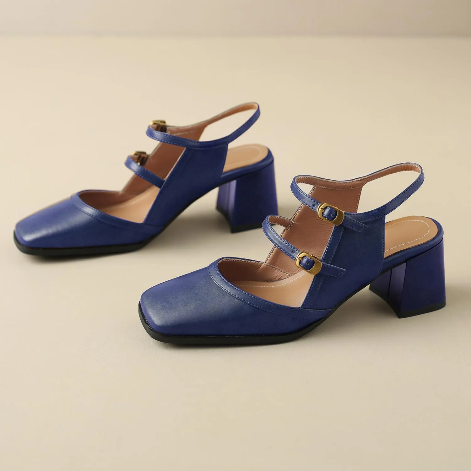 Women Slingback Mary Jane Pumps Square Closed Toe Ankle Strap Sandals Block Heels 2 inch Mid Thick Heel Sandal Dress Shoes Cut Out Buckle Double Strap Retro Elegant Matte 4-11 M US