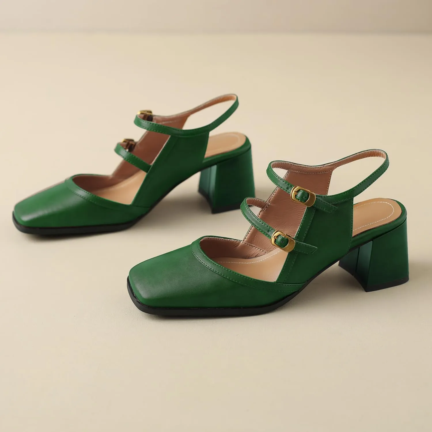 Women Slingback Mary Jane Pumps Square Closed Toe Ankle Strap Sandals Block Heels 2 inch Mid Thick Heel Sandal Dress Shoes Cut Out Buckle Double Strap Retro Elegant Matte 4-11 M US
