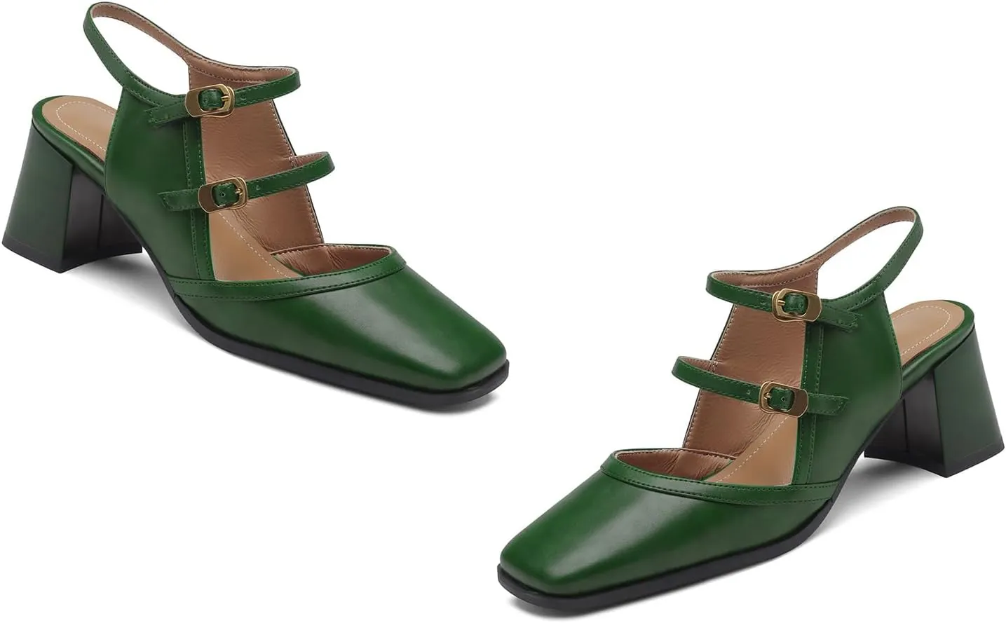 Women Slingback Mary Jane Pumps Square Closed Toe Ankle Strap Sandals Block Heels 2 inch Mid Thick Heel Sandal Dress Shoes Cut Out Buckle Double Strap Retro Elegant Matte 4-11 M US