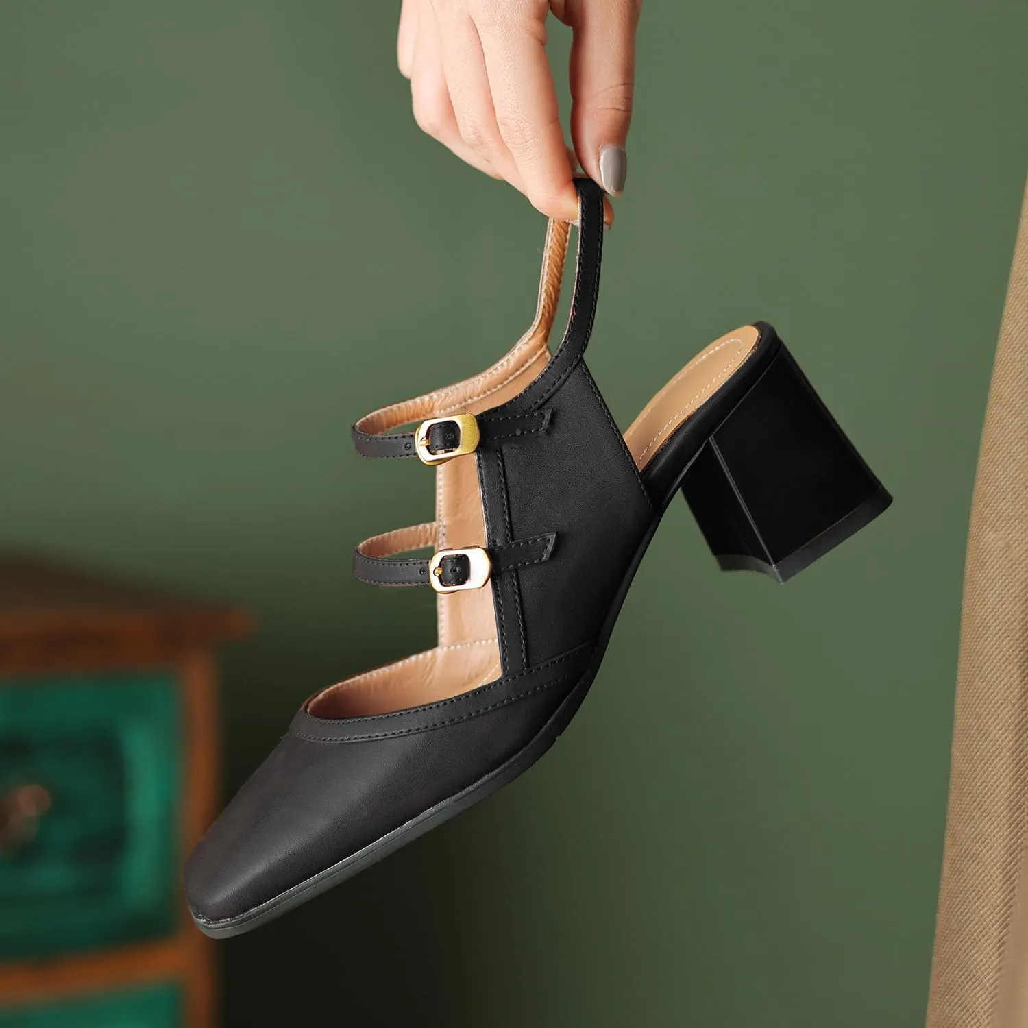 Women Slingback Mary Jane Pumps Square Closed Toe Ankle Strap Sandals Block Heels 2 inch Mid Thick Heel Sandal Dress Shoes Cut Out Buckle Double Strap Retro Elegant Matte 4-11 M US