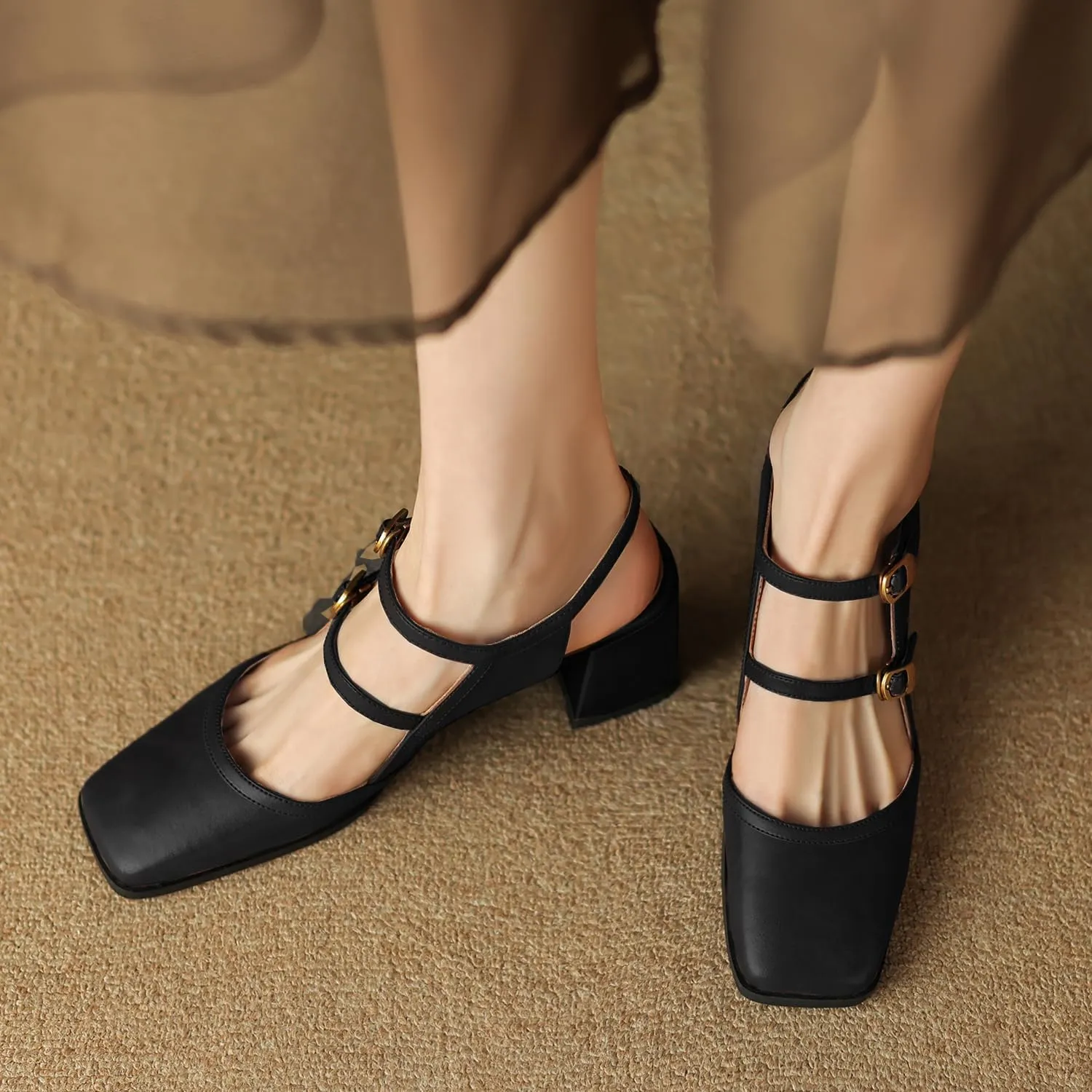 Women Slingback Mary Jane Pumps Square Closed Toe Ankle Strap Sandals Block Heels 2 inch Mid Thick Heel Sandal Dress Shoes Cut Out Buckle Double Strap Retro Elegant Matte 4-11 M US