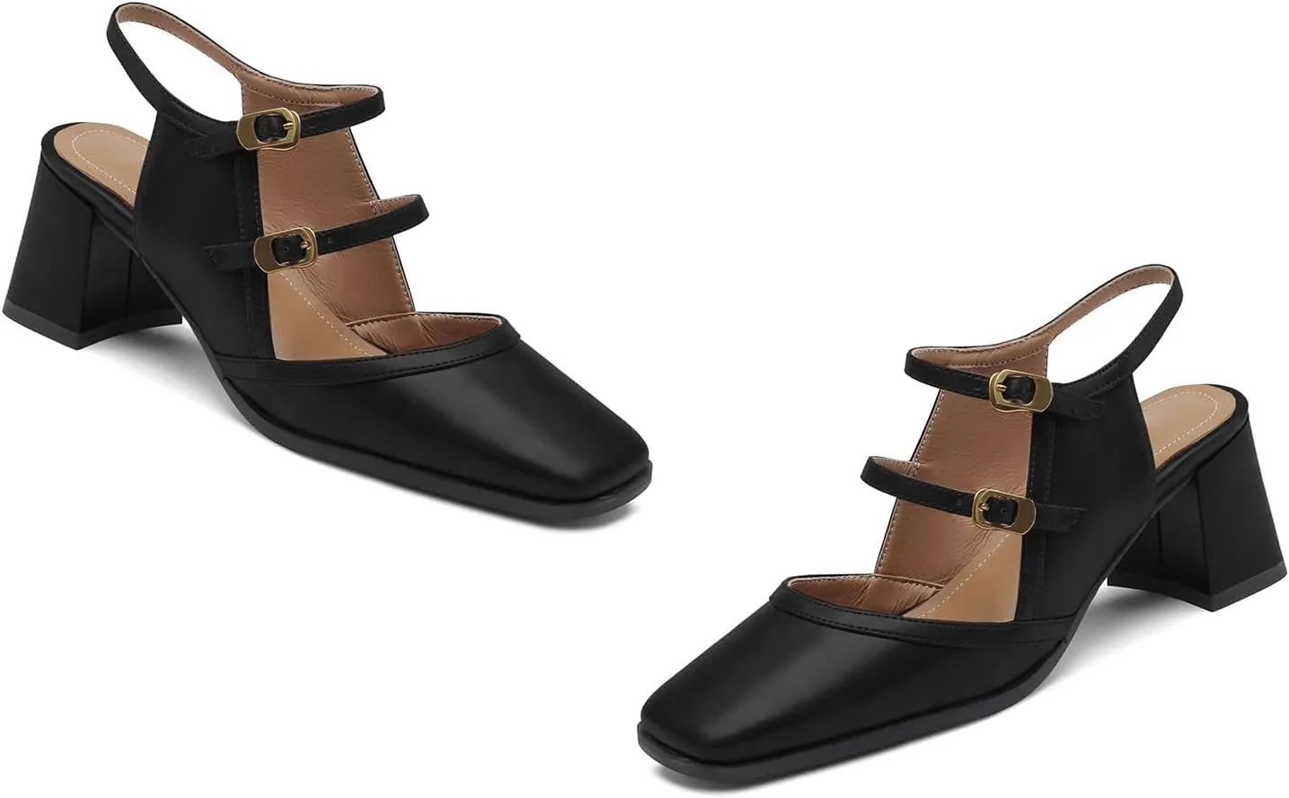 Women Slingback Mary Jane Pumps Square Closed Toe Ankle Strap Sandals Block Heels 2 inch Mid Thick Heel Sandal Dress Shoes Cut Out Buckle Double Strap Retro Elegant Matte 4-11 M US