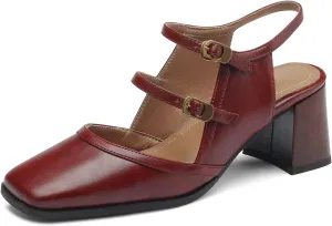 Women Slingback Mary Jane Pumps Square Closed Toe Ankle Strap Sandals Block Heels 2 inch Mid Thick Heel Sandal Dress Shoes Cut Out Buckle Double Strap Retro Elegant Matte 4-11 M US