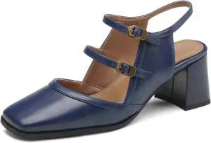 Women Slingback Mary Jane Pumps Square Closed Toe Ankle Strap Sandals Block Heels 2 inch Mid Thick Heel Sandal Dress Shoes Cut Out Buckle Double Strap Retro Elegant Matte 4-11 M US
