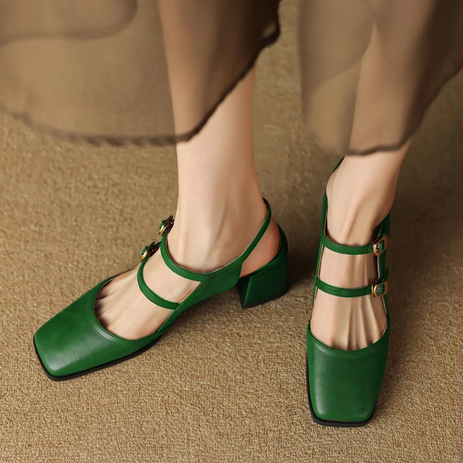Women Slingback Mary Jane Pumps Square Closed Toe Ankle Strap Sandals Block Heels 2 inch Mid Thick Heel Sandal Dress Shoes Cut Out Buckle Double Strap Retro Elegant Matte 4-11 M US