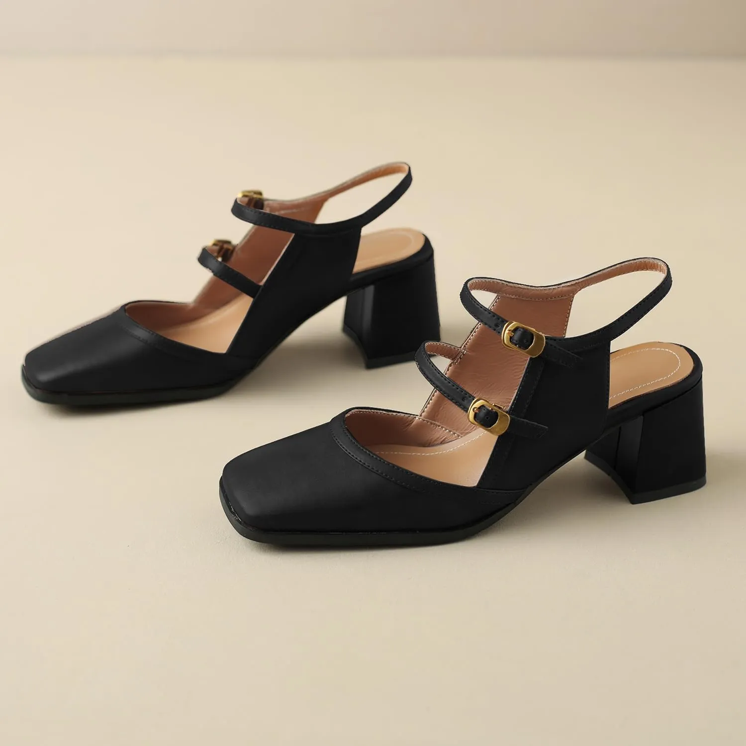 Women Slingback Mary Jane Pumps Square Closed Toe Ankle Strap Sandals Block Heels 2 inch Mid Thick Heel Sandal Dress Shoes Cut Out Buckle Double Strap Retro Elegant Matte 4-11 M US