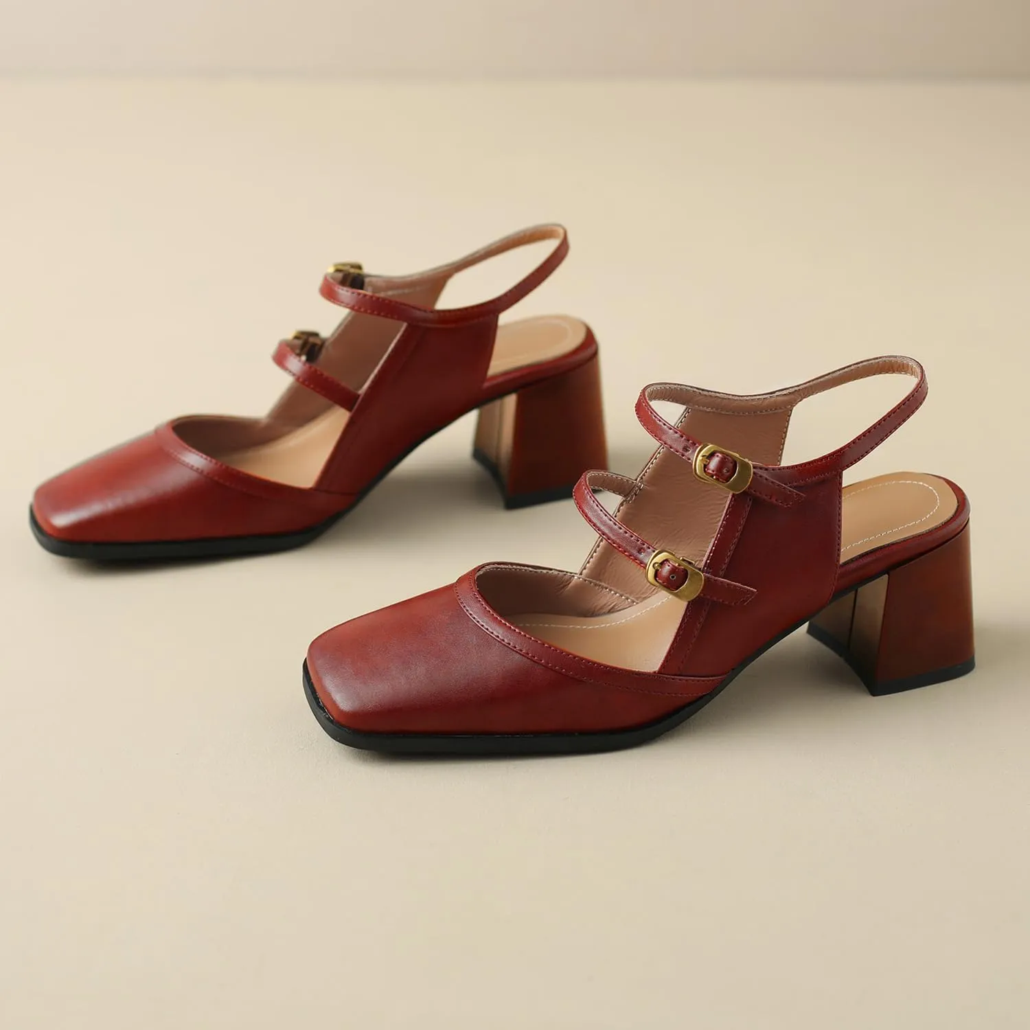 Women Slingback Mary Jane Pumps Square Closed Toe Ankle Strap Sandals Block Heels 2 inch Mid Thick Heel Sandal Dress Shoes Cut Out Buckle Double Strap Retro Elegant Matte 4-11 M US