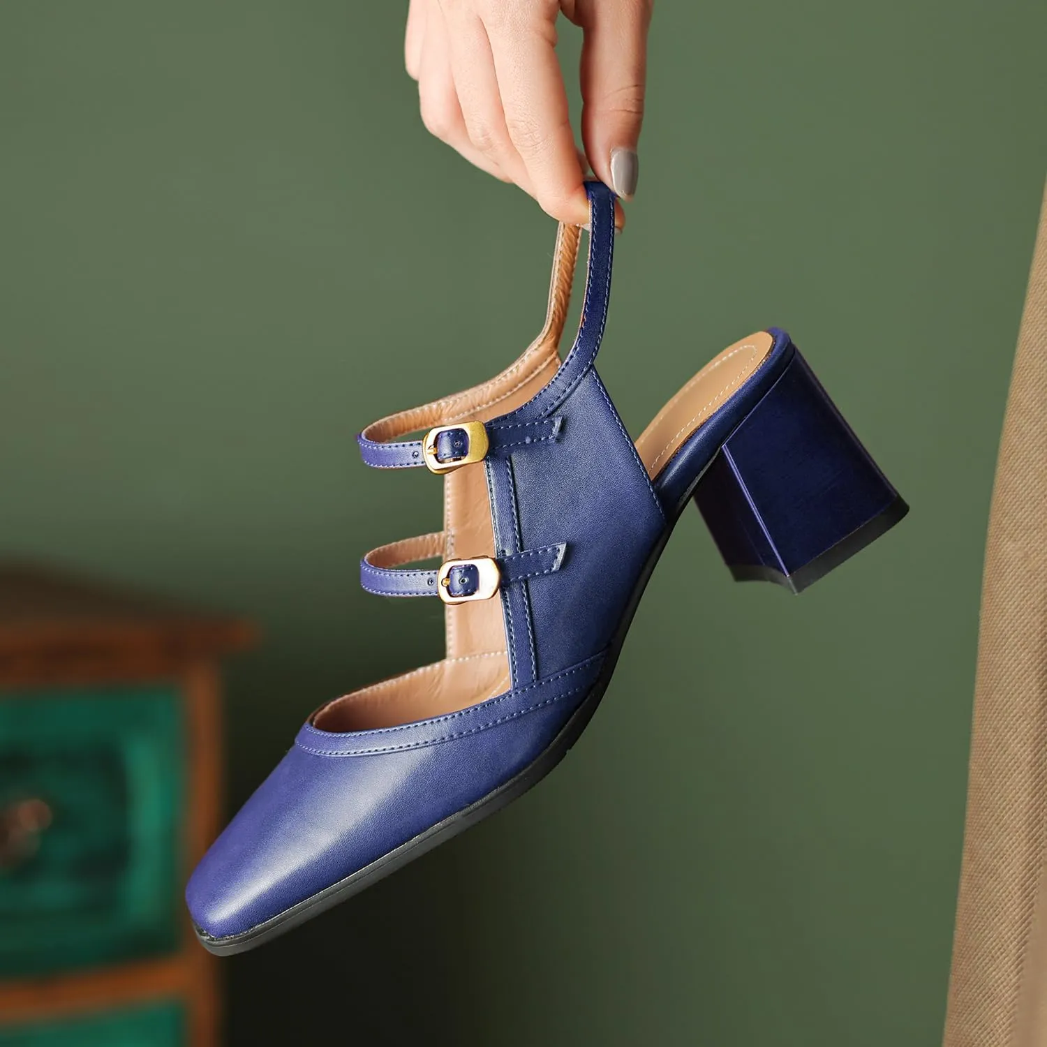 Women Slingback Mary Jane Pumps Square Closed Toe Ankle Strap Sandals Block Heels 2 inch Mid Thick Heel Sandal Dress Shoes Cut Out Buckle Double Strap Retro Elegant Matte 4-11 M US