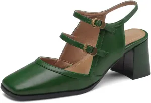 Women Slingback Mary Jane Pumps Square Closed Toe Ankle Strap Sandals Block Heels 2 inch Mid Thick Heel Sandal Dress Shoes Cut Out Buckle Double Strap Retro Elegant Matte 4-11 M US
