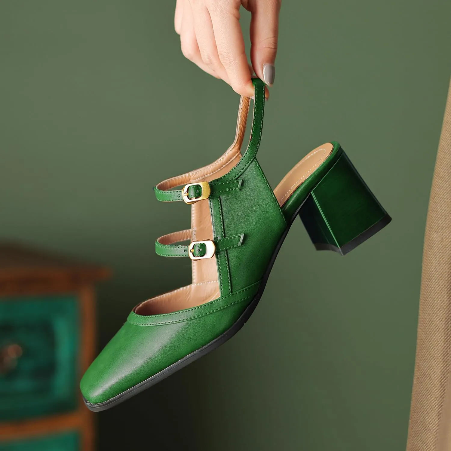 Women Slingback Mary Jane Pumps Square Closed Toe Ankle Strap Sandals Block Heels 2 inch Mid Thick Heel Sandal Dress Shoes Cut Out Buckle Double Strap Retro Elegant Matte 4-11 M US