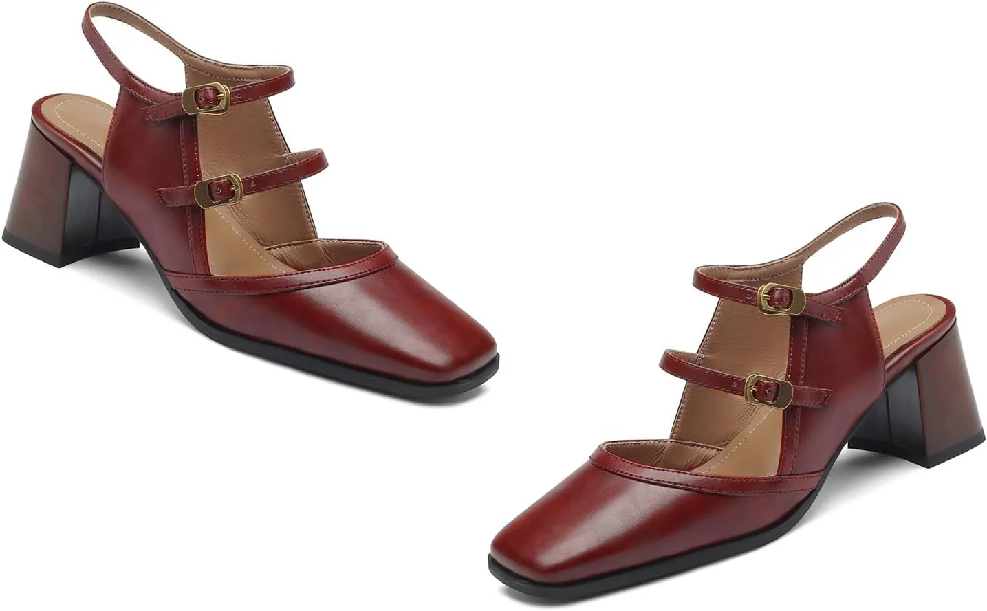 Women Slingback Mary Jane Pumps Square Closed Toe Ankle Strap Sandals Block Heels 2 inch Mid Thick Heel Sandal Dress Shoes Cut Out Buckle Double Strap Retro Elegant Matte 4-11 M US