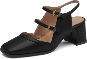 Women Slingback Mary Jane Pumps Square Closed Toe Ankle Strap Sandals Block Heels 2 inch Mid Thick Heel Sandal Dress Shoes Cut Out Buckle Double Strap Retro Elegant Matte 4-11 M US