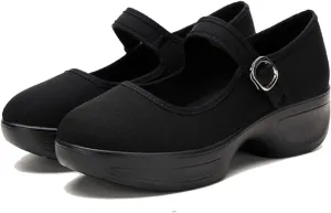 Women's Canvas Platform Mary Janes Pumps with Adjust Buckle Strap Casual Comfortable Closed Round Toe Orthopedics Block Heels Sandals for Prom Work Walking Shoes