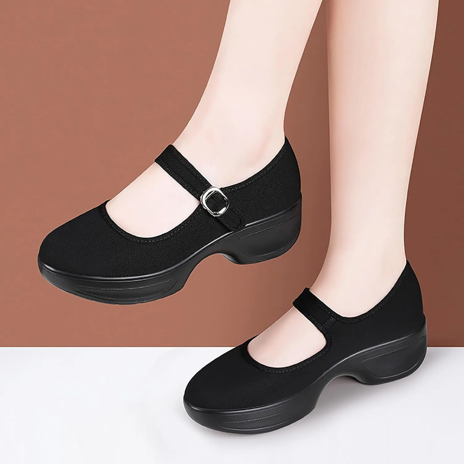 Women's Canvas Platform Mary Janes Pumps with Adjust Buckle Strap Casual Comfortable Closed Round Toe Orthopedics Block Heels Sandals for Prom Work Walking Shoes