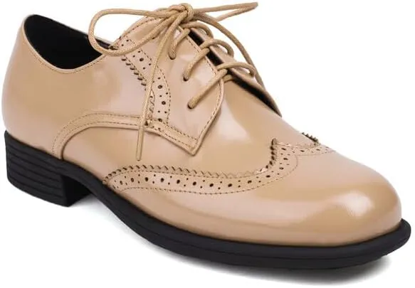 Women's Glossy Lace-Up Square Toe Low Heel Brogue Shoes