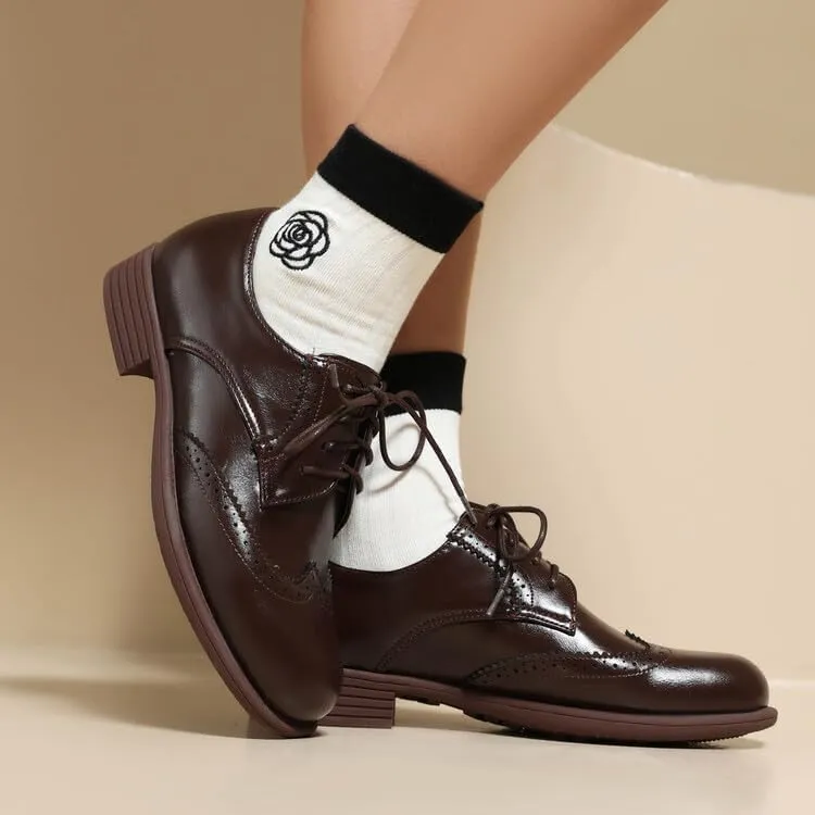 Women's Glossy Lace-Up Square Toe Low Heel Brogue Shoes