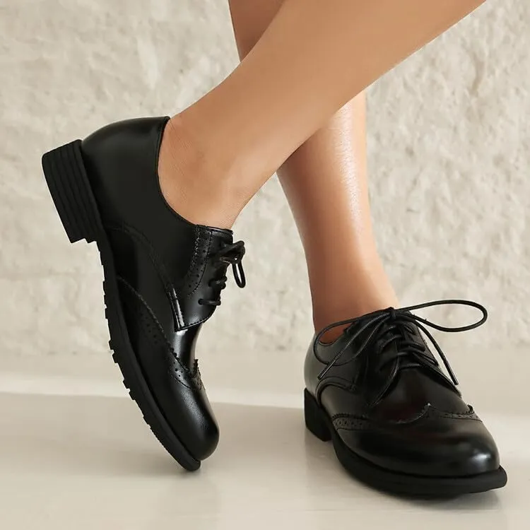 Women's Glossy Lace-Up Square Toe Low Heel Brogue Shoes