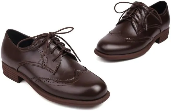 Women's Glossy Lace-Up Square Toe Low Heel Brogue Shoes