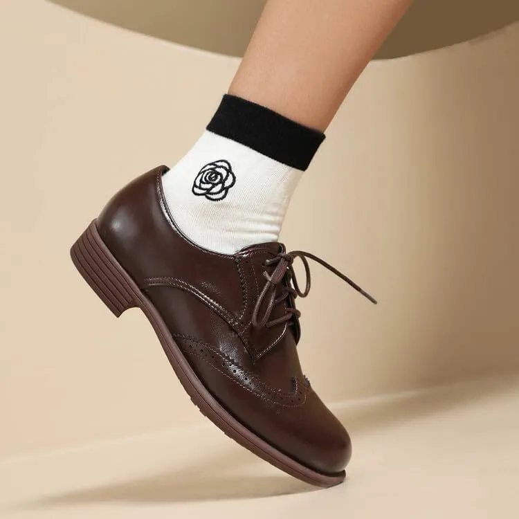 Women's Glossy Lace-Up Square Toe Low Heel Brogue Shoes