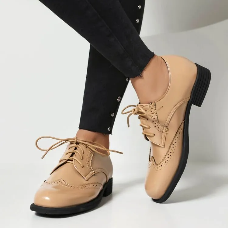 Women's Glossy Lace-Up Square Toe Low Heel Brogue Shoes