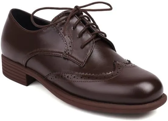 Women's Glossy Lace-Up Square Toe Low Heel Brogue Shoes