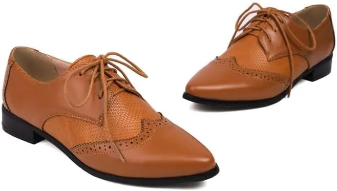 Women's Lace-Up Pointed Toe Square Heel Brogue Shoes