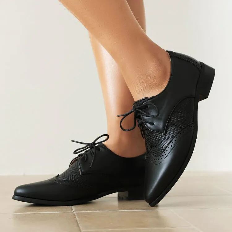 Women's Lace-Up Pointed Toe Square Heel Brogue Shoes