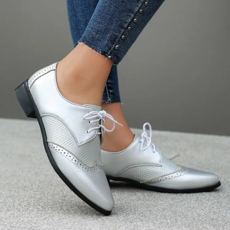 Women's Lace-Up Pointed Toe Square Heel Brogue Shoes