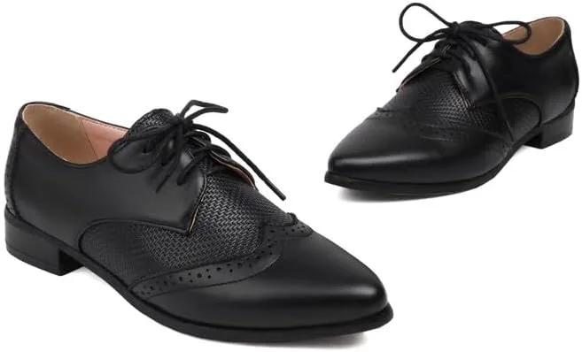 Women's Lace-Up Pointed Toe Square Heel Brogue Shoes