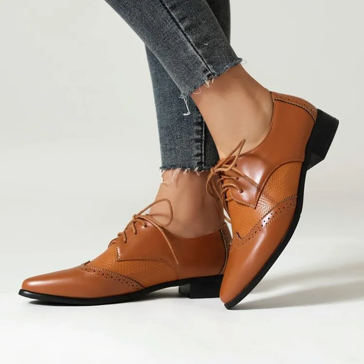 Women's Lace-Up Pointed Toe Square Heel Brogue Shoes