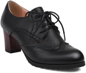 Women's Lace-Up Round Toe Block Heel Brogue Shoes