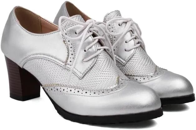 Women's Lace-Up Round Toe Block Heel Brogue Shoes
