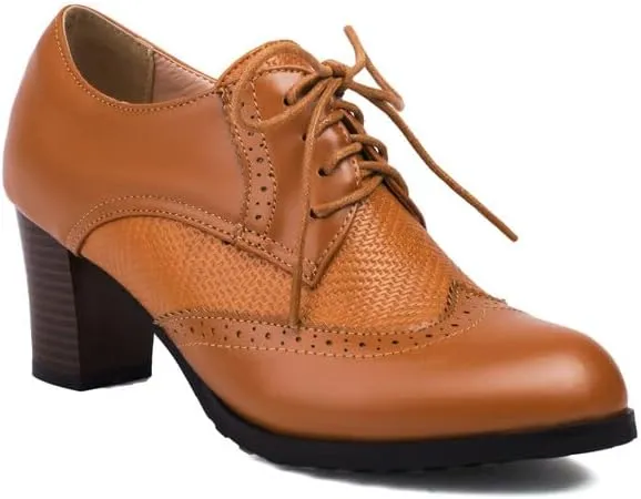 Women's Lace-Up Round Toe Block Heel Brogue Shoes