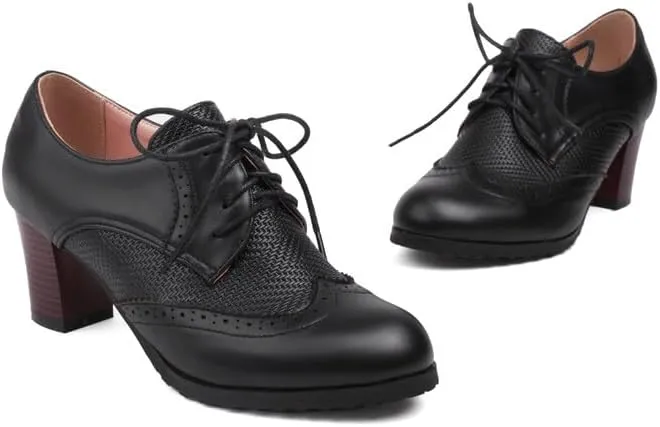 Women's Lace-Up Round Toe Block Heel Brogue Shoes