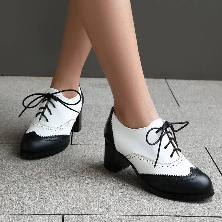 Women's Lace Up Square Heel Oxfords Brogue Shoes
