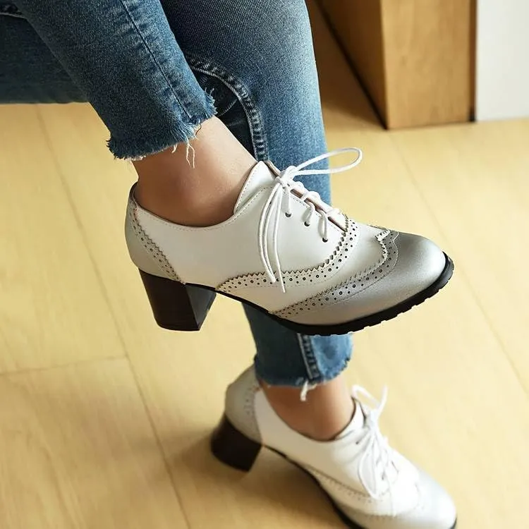 Women's Lace Up Square Heel Oxfords Brogue Shoes