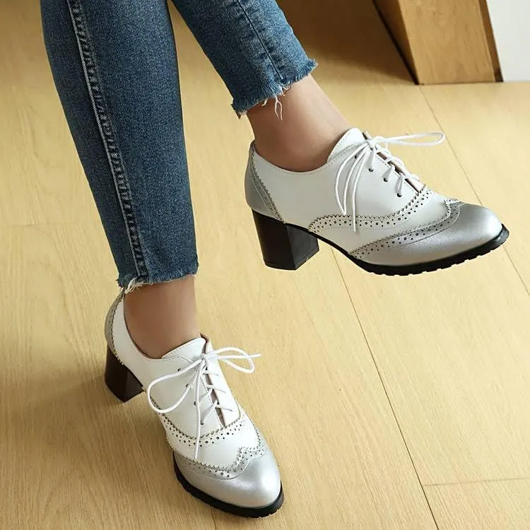 Women's Lace Up Square Heel Oxfords Brogue Shoes