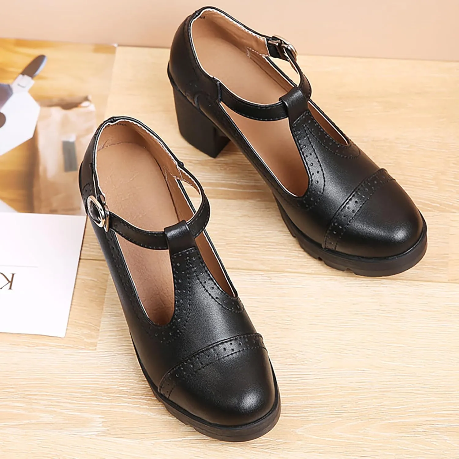 Women's Leather T-Strap Platform Mid Chunky Heel Mary Janes Comfortable Round Toe Low Block Heels Oxfords Dress Pumps for Daily Dating Work