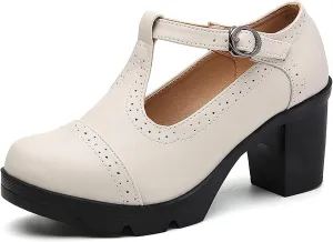 Women's Leather T-Strap Platform Mid Chunky Heel Mary Janes Comfortable Round Toe Low Block Heels Oxfords Dress Pumps for Daily Dating Work
