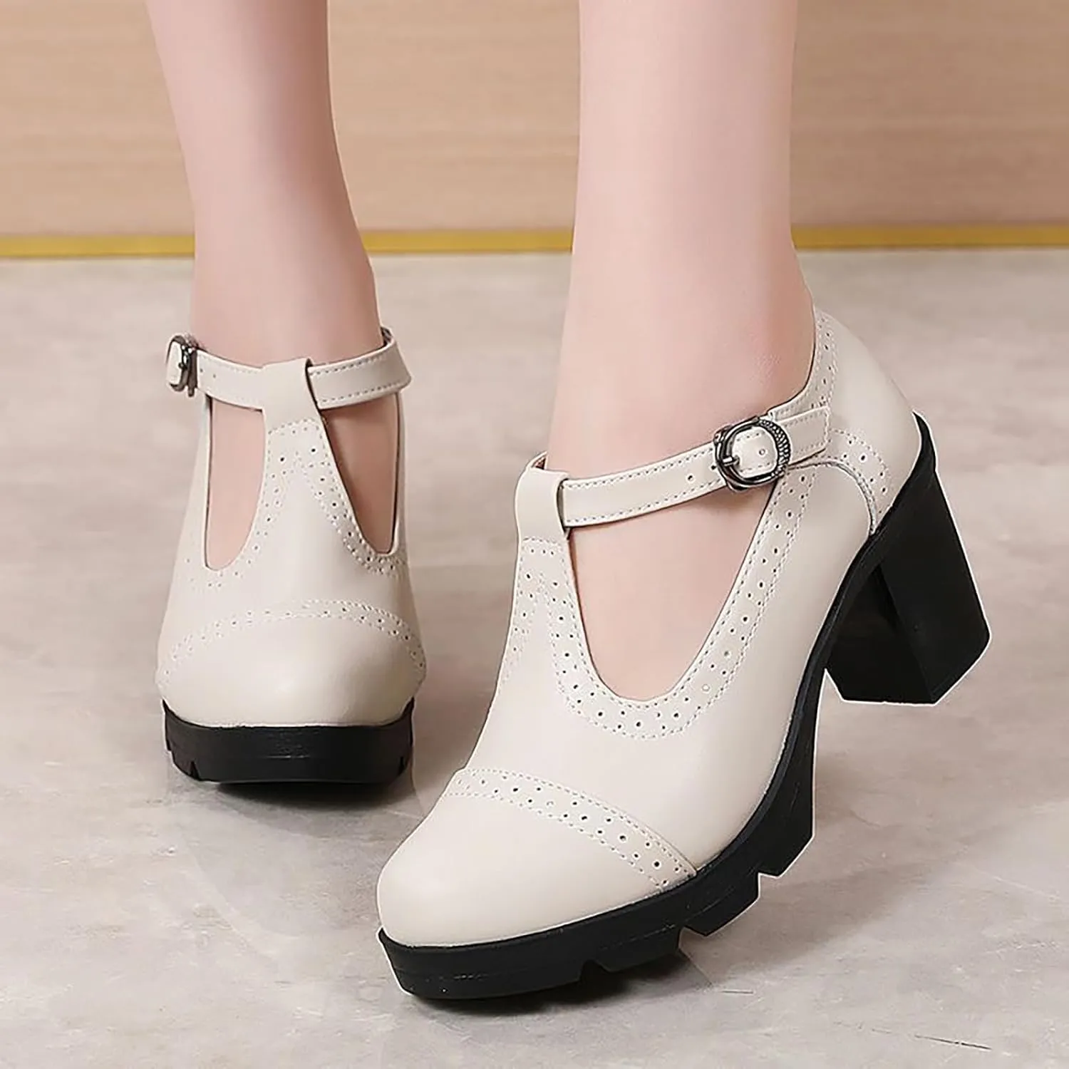 Women's Leather T-Strap Platform Mid Chunky Heel Mary Janes Comfortable Round Toe Low Block Heels Oxfords Dress Pumps for Daily Dating Work