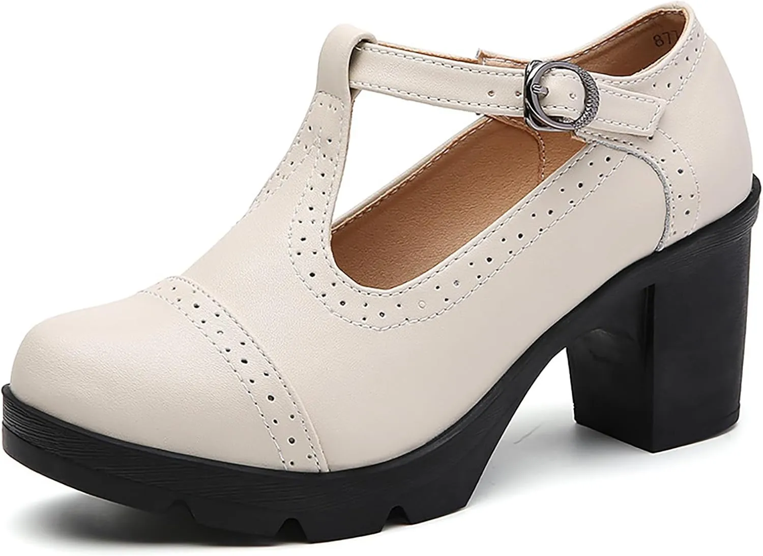 Women's Leather T-Strap Platform Mid Chunky Heel Mary Janes Comfortable Round Toe Low Block Heels Oxfords Dress Pumps for Daily Dating Work
